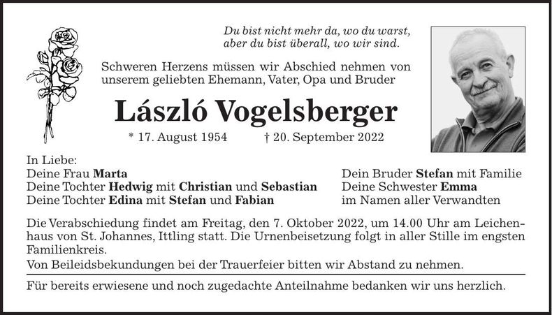 Traueranzeige László Vogelsberger