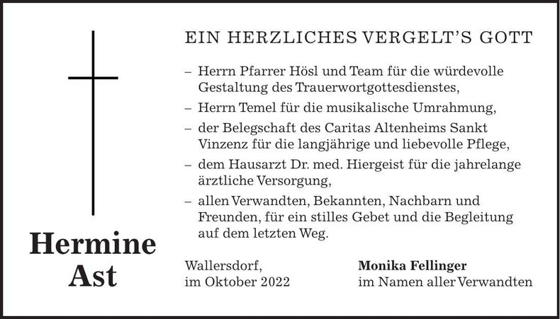 Traueranzeige Hermine Ast