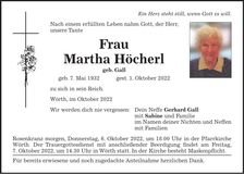 Traueranzeige Martha Höcherl