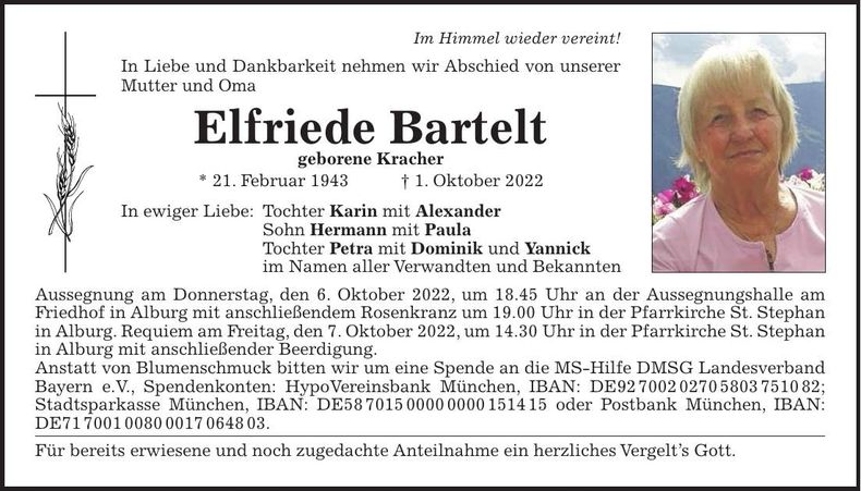 Traueranzeige Elfriede Bartelt