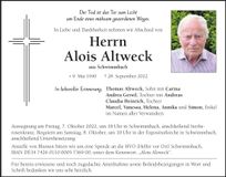 Traueranzeige Alois Altweck