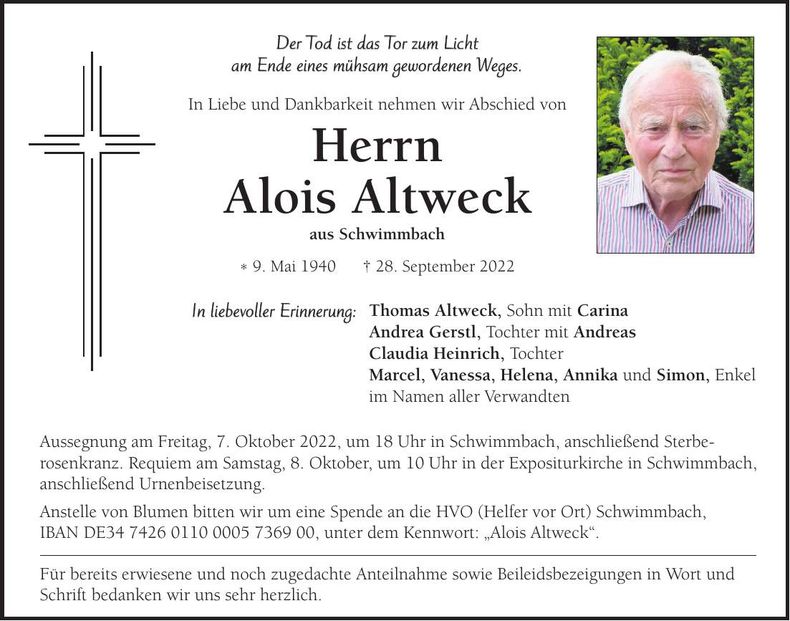 Traueranzeige Alois Altweck