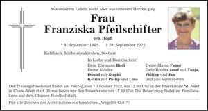 Traueranzeige Franziska Pfeilschifter