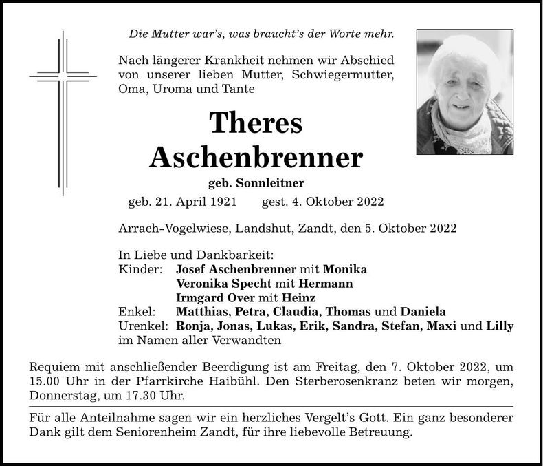 Traueranzeige Theres Aschenbrenner