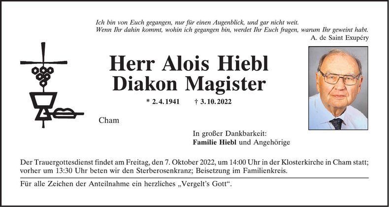 Traueranzeige Alois Hiebl