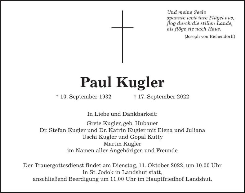 Traueranzeige Paul Kugler