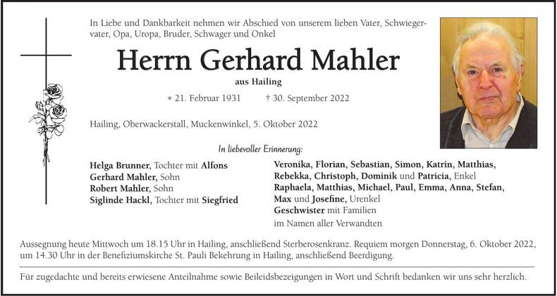 Traueranzeige Gerhard Mahler