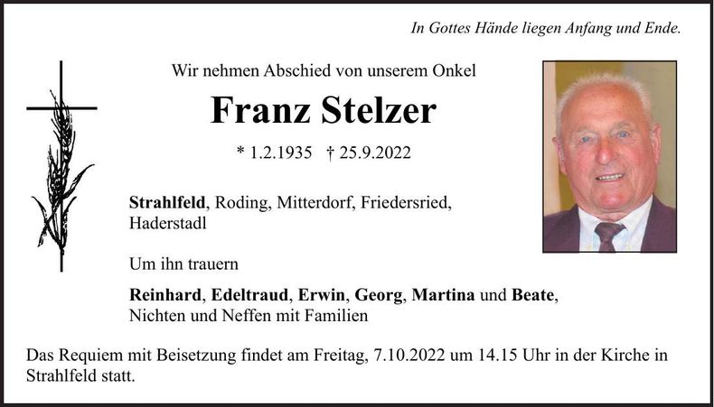 Traueranzeige Franz Stelzer