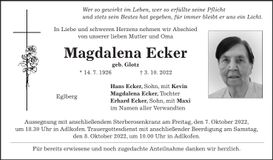Traueranzeige Magdalena Ecker