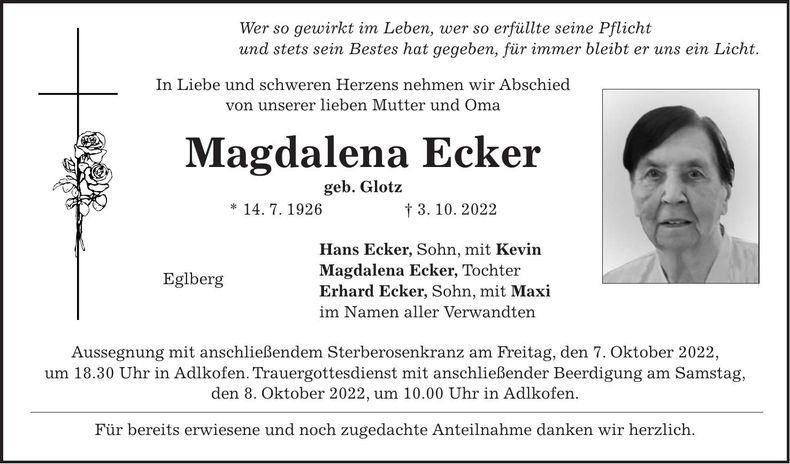 Traueranzeige Magdalena Ecker