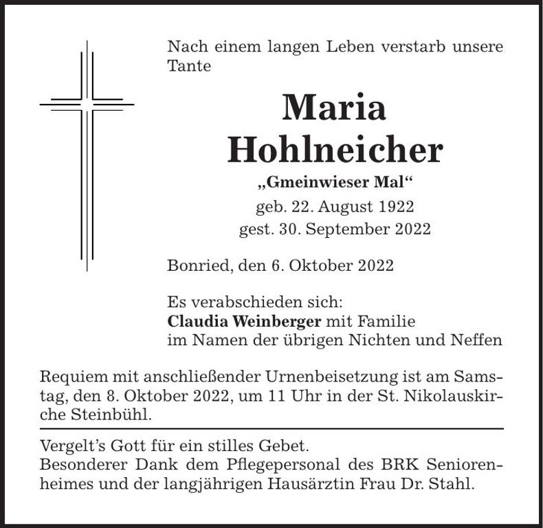Traueranzeige Maria Hohlneicher