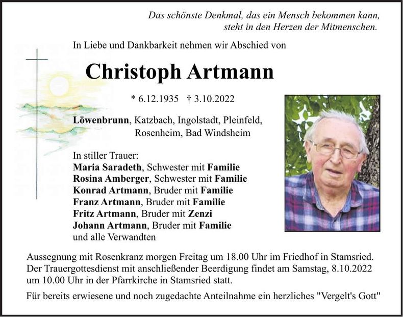 Traueranzeige Christoph Artmann