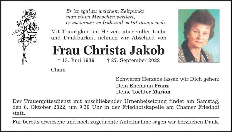 Traueranzeige Christa Jakob