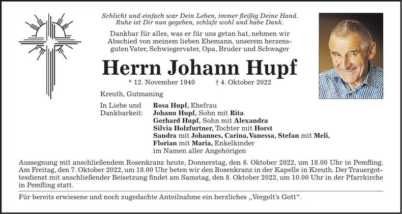 Traueranzeige Johann Hupf
