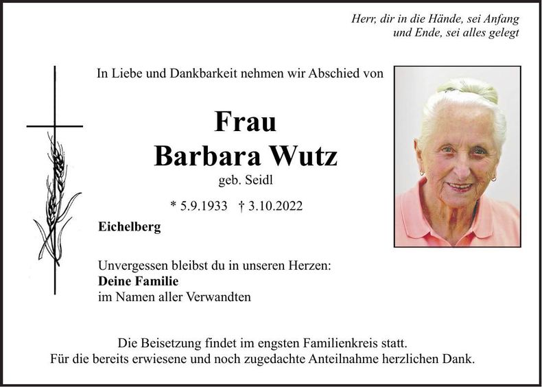Traueranzeige Barbara Wutz