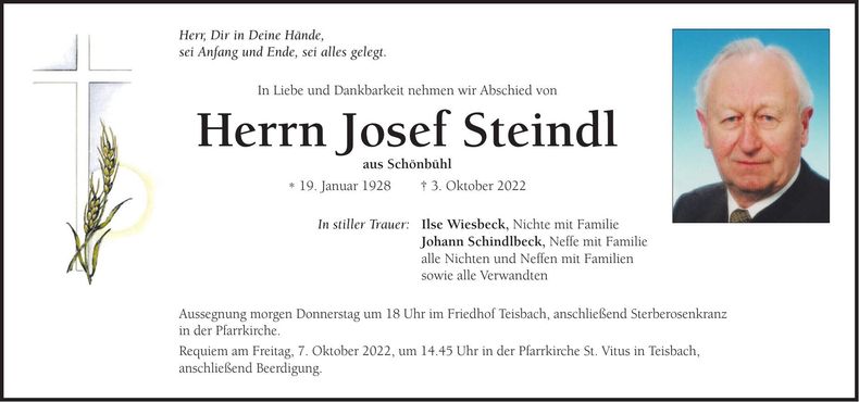 Traueranzeige Josef Steindl