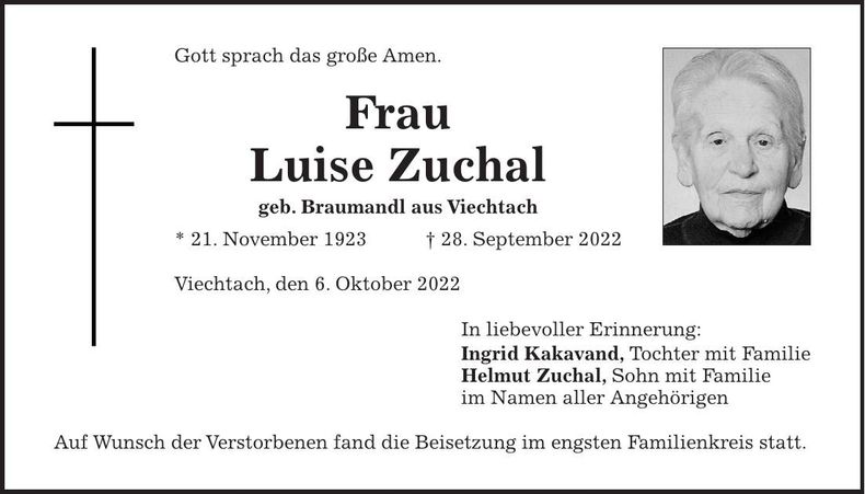 Traueranzeige Zuchal Luise
