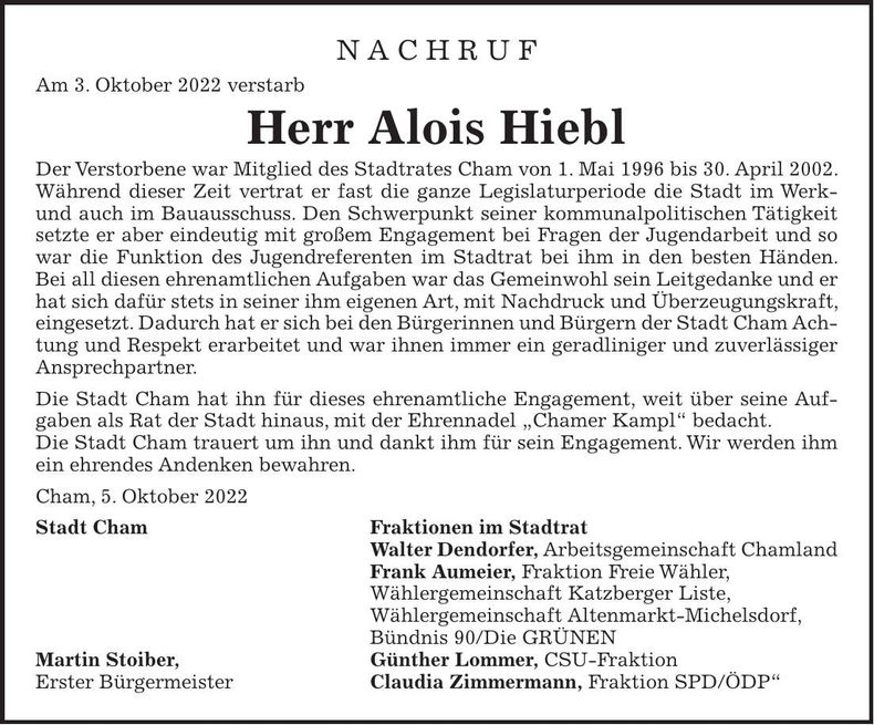 Traueranzeige Alois Hiebl