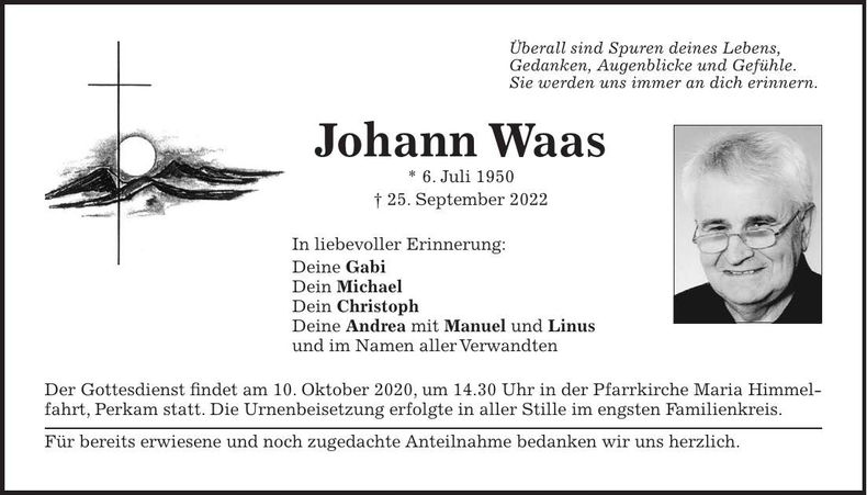 Traueranzeige Johann Waas