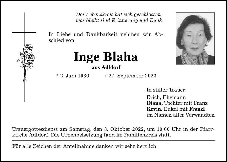 Traueranzeige Inge Blaha