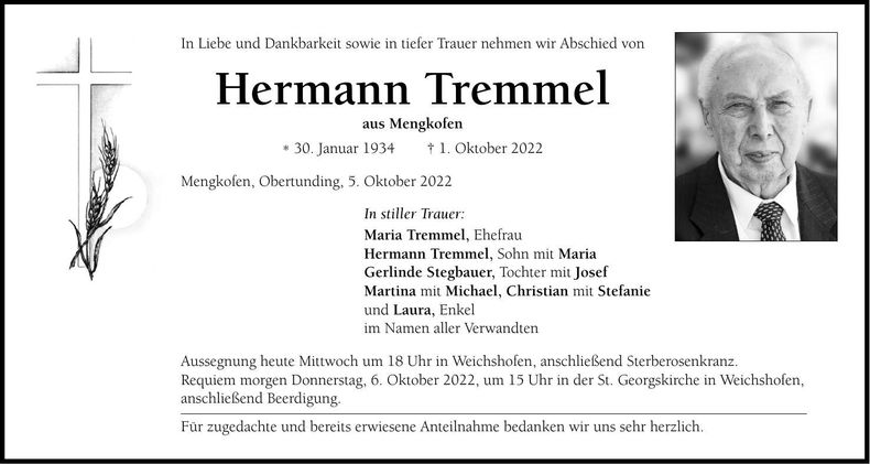 Traueranzeige Hermann Tremmel