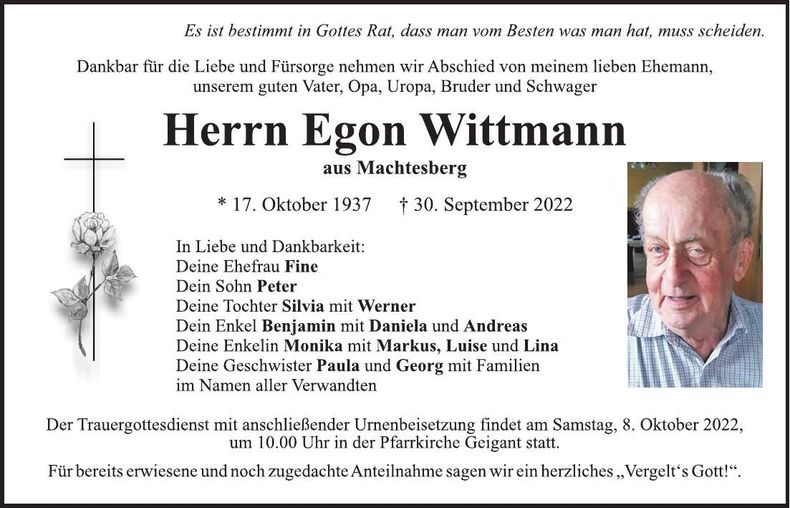 Traueranzeige Egon Wittmann