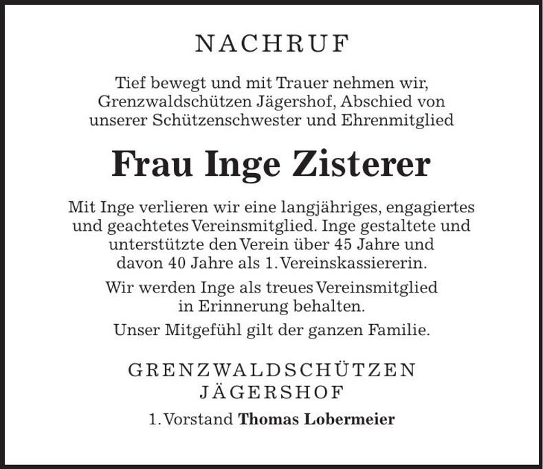 Traueranzeige Inge Zisterer