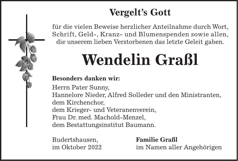 Traueranzeige Wendelin Graßl