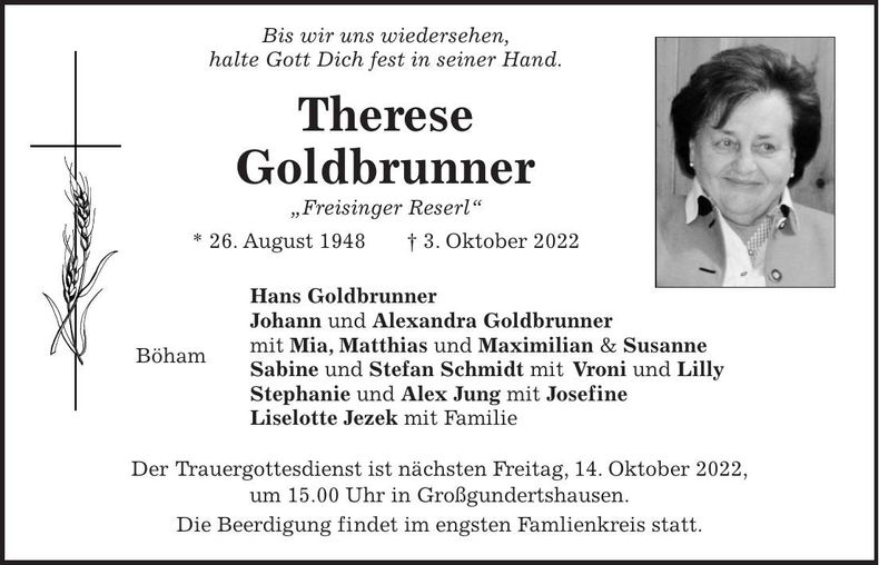 Traueranzeige Therese Goldbrunner