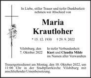 Traueranzeige Maria Krautloher