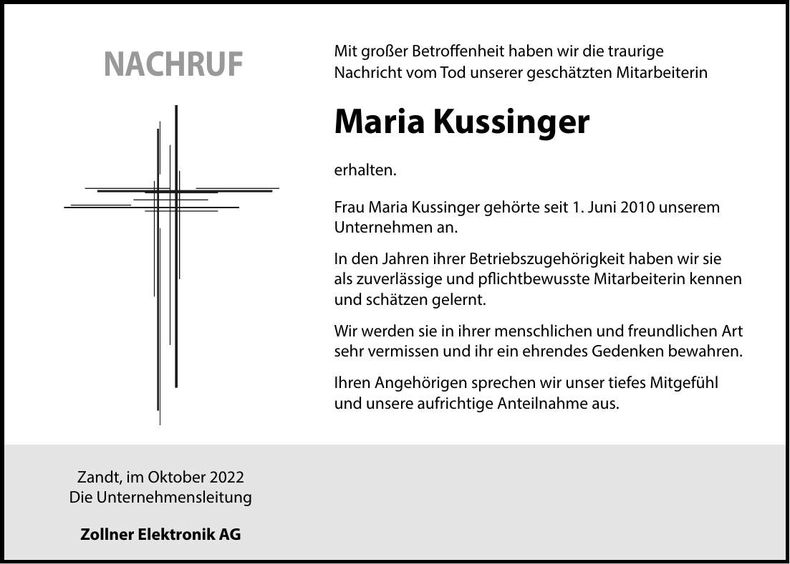 Traueranzeige Maria Kussinger