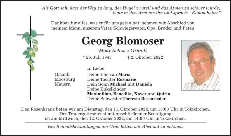 Traueranzeige Georg Blomoser