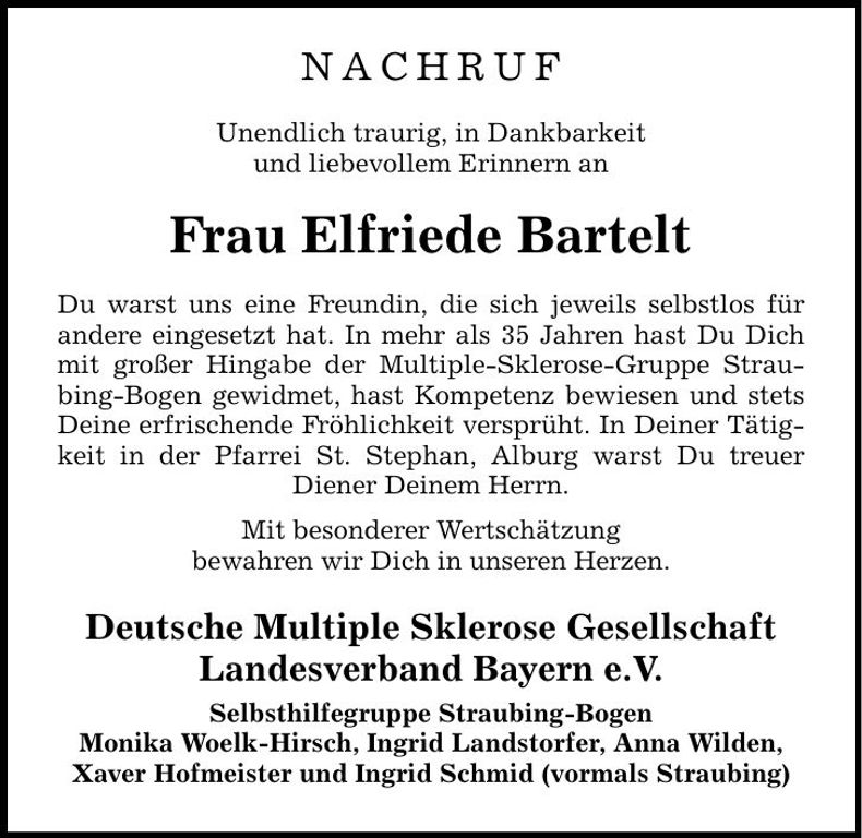 Traueranzeige Elfriede Bartelt