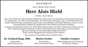 Traueranzeige Alois Hiebl