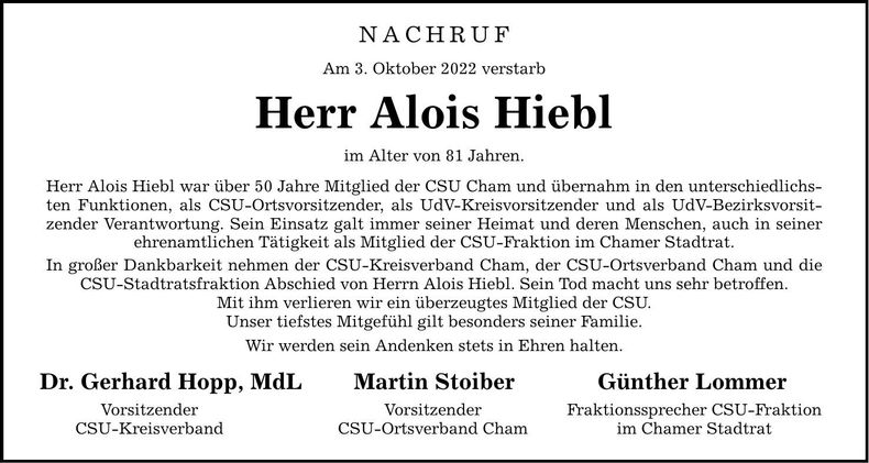 Traueranzeige Alois Hiebl