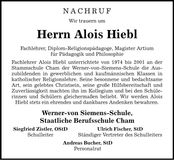 Traueranzeige Alois Hiebl
