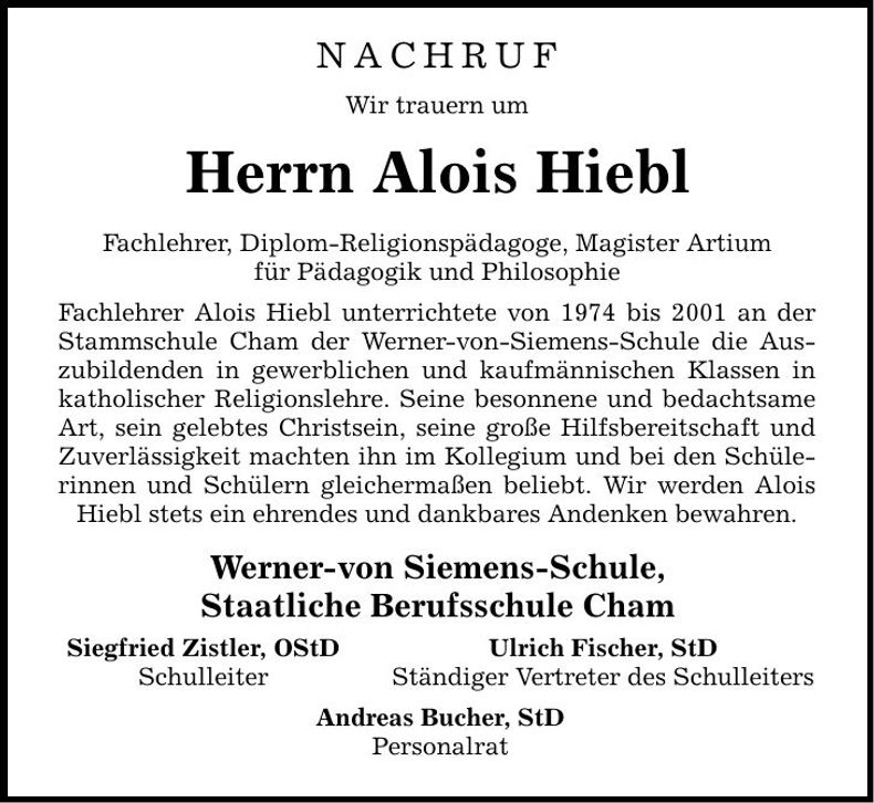 Traueranzeige Alois Hiebl