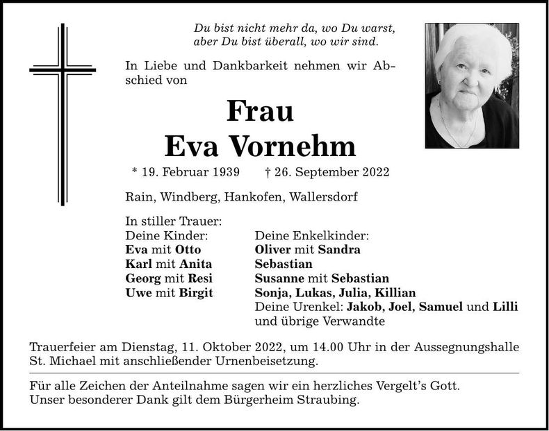Traueranzeige Eva Vornehm