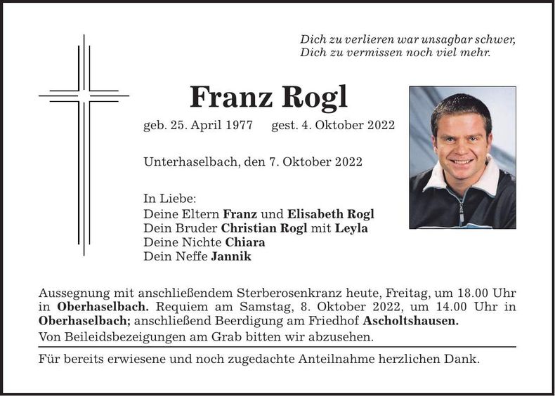 Traueranzeige Franz Rogl