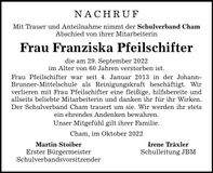 Traueranzeige Franziska Pfeilschifter