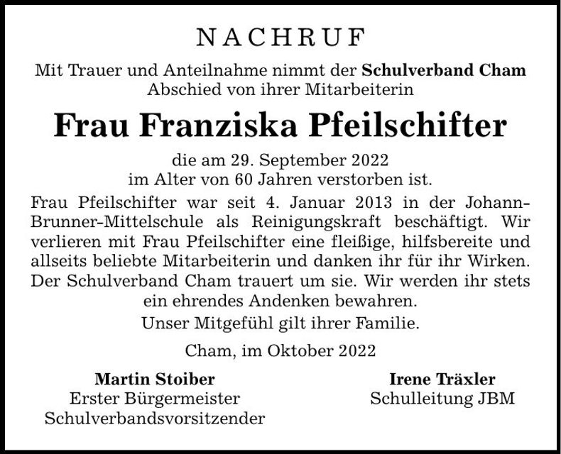 Traueranzeige Franziska Pfeilschifter