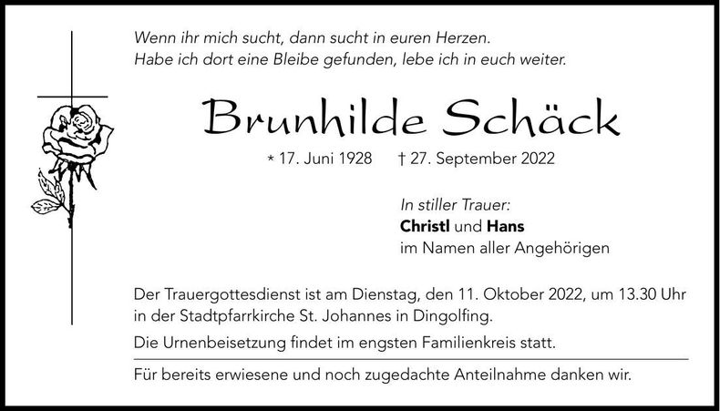 Traueranzeige Brunhilde Schäck