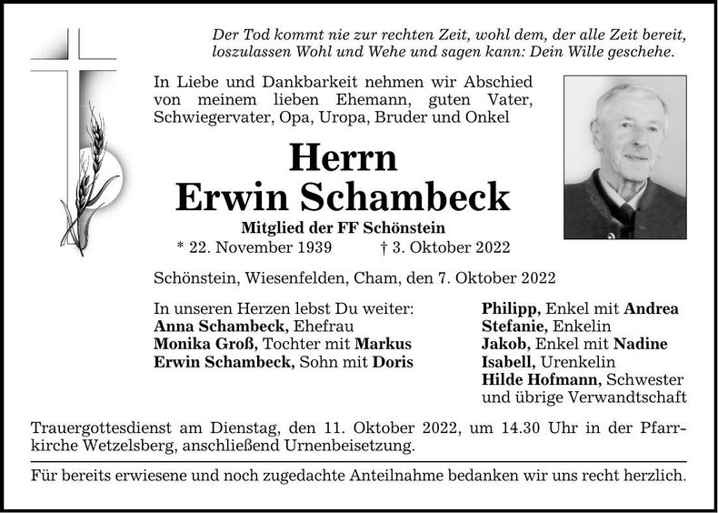 Traueranzeige Erwin Schambeck