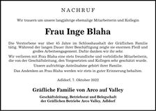 Traueranzeige Inge Blaha