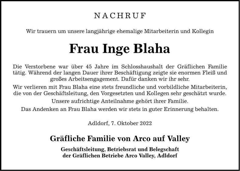 Traueranzeige Inge Blaha