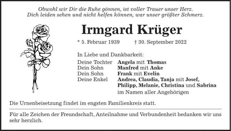 Traueranzeige Irmgard Krüger