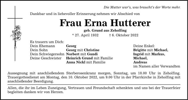 Traueranzeige Erna Hutterer