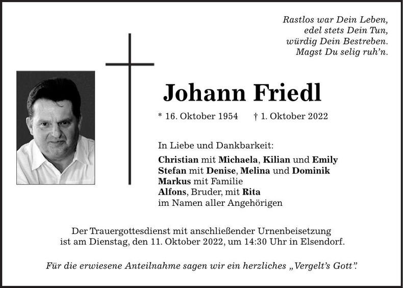 Traueranzeige Johann Friedl