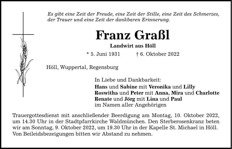 Traueranzeige Franz Graßl