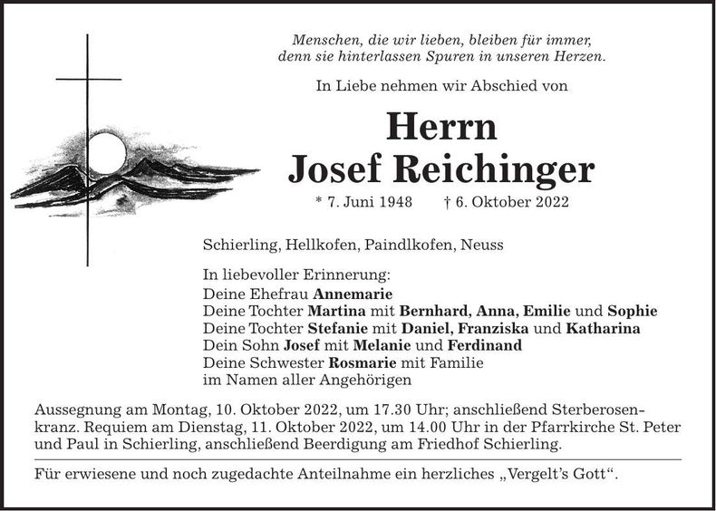 Traueranzeige Josef Reichinger
